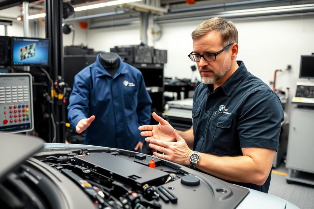 BMW engineer demonstrating Active Driving Assistant sensor calibration BMW engineer demonstrating Active Driving Assistant sensor calibration
