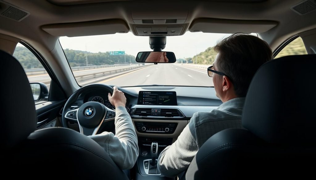 Driver relaxed behind wheel of BMW with Active Driving Assistant engaged on highway Driver relaxed behind wheel of BMW with Active Driving Assistant engaged on highway