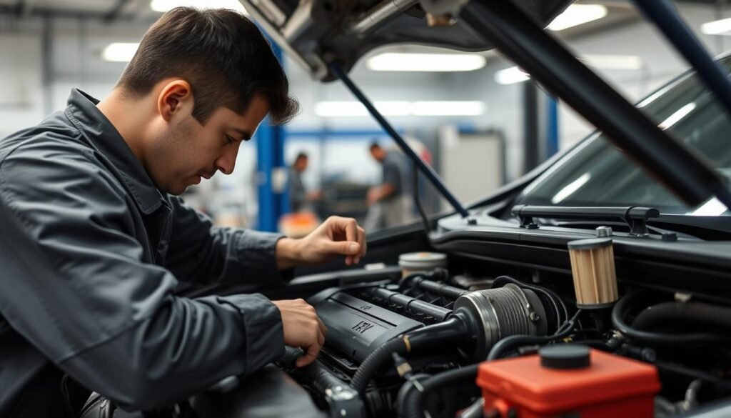 Regular maintenance being performed on a car engine to prevent carbon fouling Regular maintenance being performed on a car engine to prevent carbon fouling