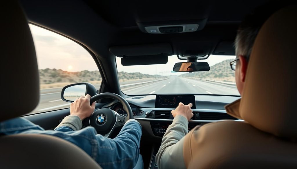 BMW owner using adaptive cruise control on highway BMW owner using adaptive cruise control on highway