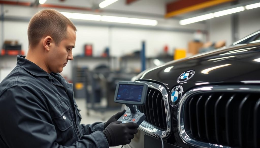 BMW technician using diagnostic equipment on a BMW BMW technician using diagnostic equipment on a BMW
