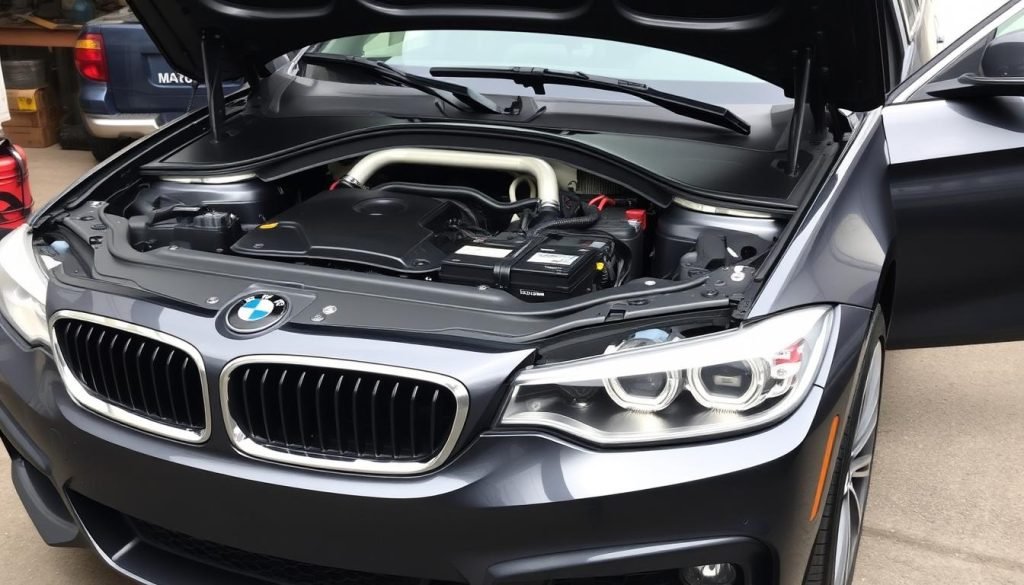 BMW with hood open after successful battery change and computer reset BMW with hood open after successful battery change and computer reset