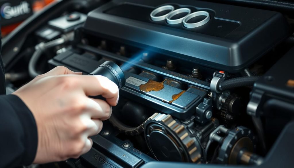 Mechanic checking for oil leaks in an Audi A4 engine Mechanic checking for oil leaks in an Audi A4 engine