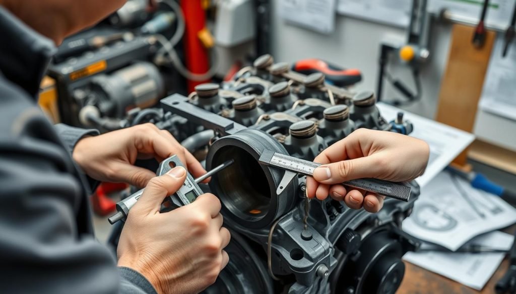 Mechanic measuring engine displacement components with precision tools