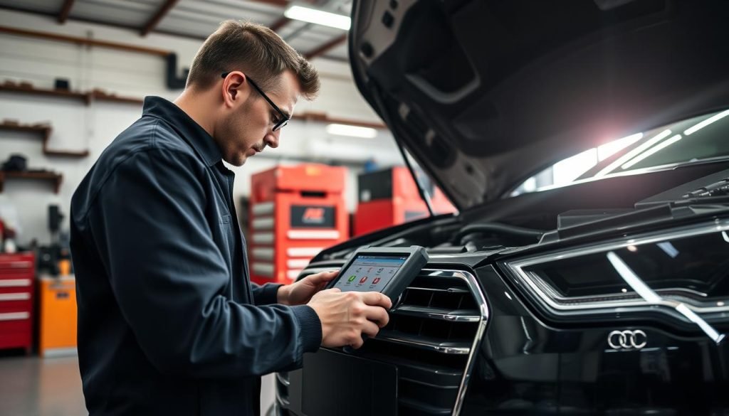 Mechanic performing pre-purchase inspection on an Audi A4 Mechanic performing pre-purchase inspection on an Audi A4