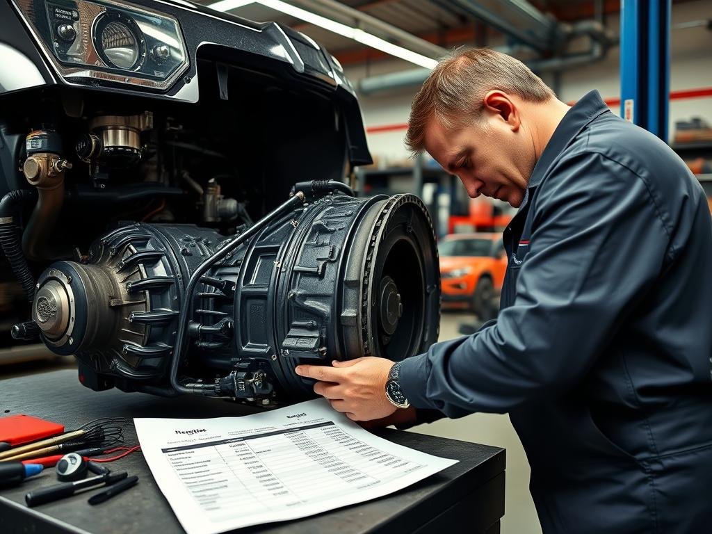 Mechanic working on a Jeep Grand Cherokee transmission with cost estimate sheet visible Mechanic working on a Jeep Grand Cherokee transmission with cost estimate sheet visible