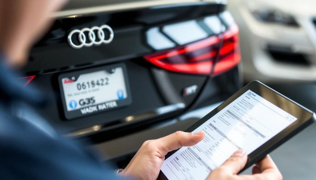 Person checking vehicle history report for an Audi A4 before purchase Person checking vehicle history report for an Audi A4 before purchase