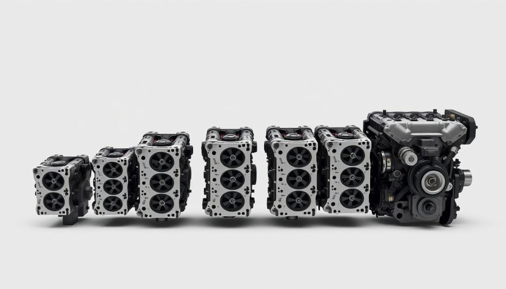 Various engine blocks showing different displacement sizes from small 4-cylinders to large V8s