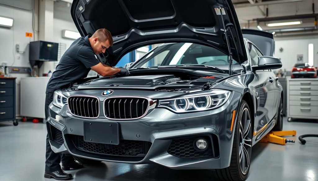 BMW being serviced by a technician in a professional workshop BMW being serviced by a technician in a professional workshop