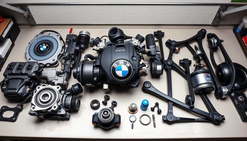 BMW engine components laid out showing various parts that may need replacement BMW engine components laid out showing various parts that may need replacement