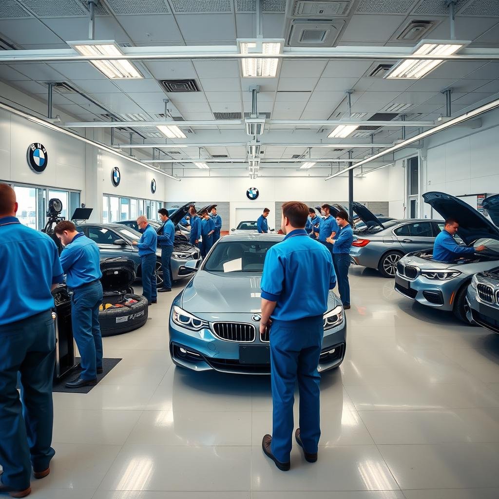 BMW service center with technicians working on vehicles BMW service center with technicians working on vehicles