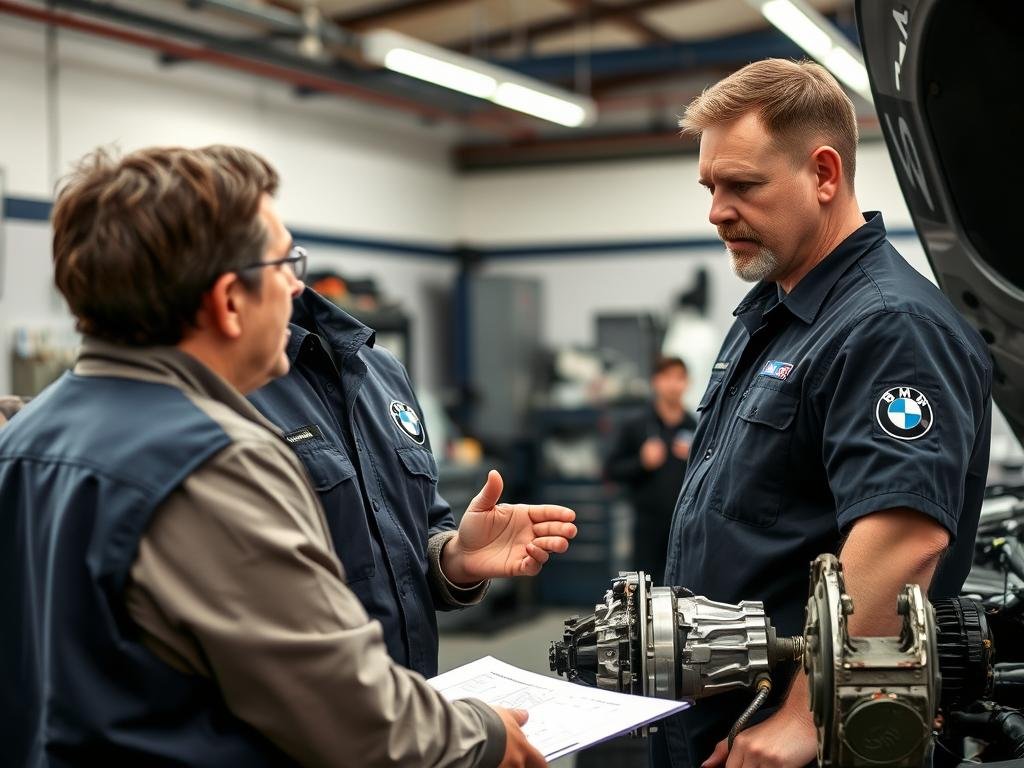 BMW technician answering customer questions about transmission repair