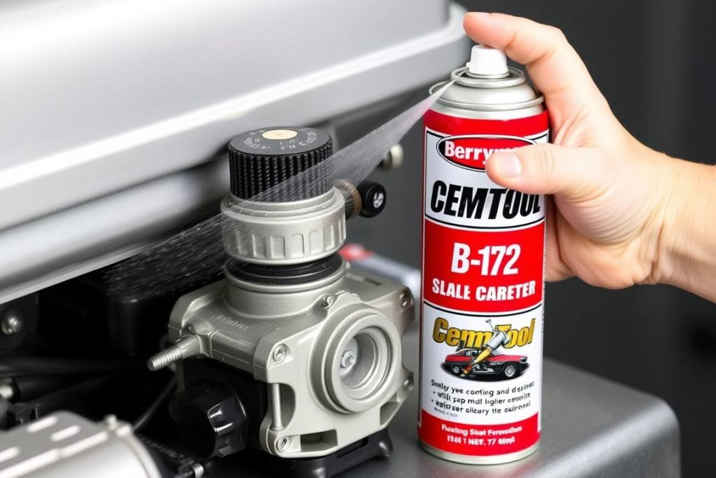 Berryman B-12 Chemtool Carburetor Cleaner being applied to a small engine carburetor Berryman B-12 Chemtool Carburetor Cleaner being applied to a small engine carburetor