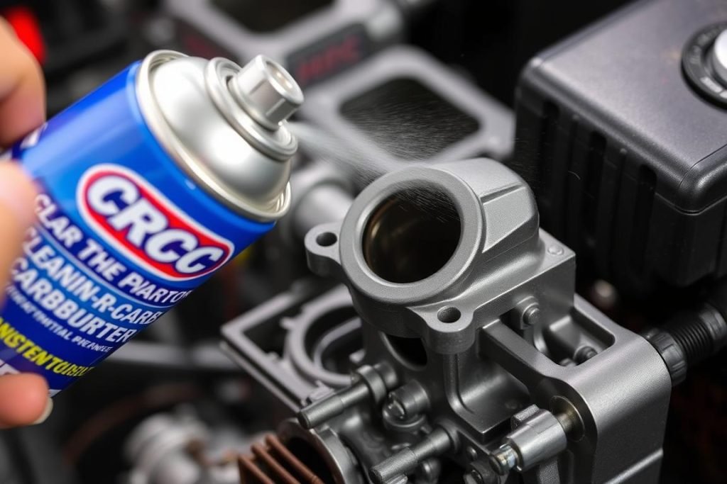 CRC Clean-R-Carb Carburetor Cleaner being used on a small engine carburetor CRC Clean-R-Carb Carburetor Cleaner being used on a small engine carburetor
