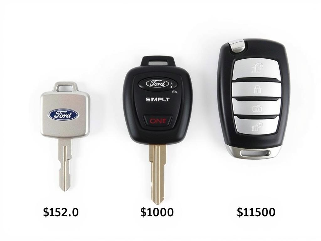 Comparison of three Ford key types showing increasing complexity and Ford key replacement cost Comparison of three Ford key types showing increasing complexity and Ford key replacement cost