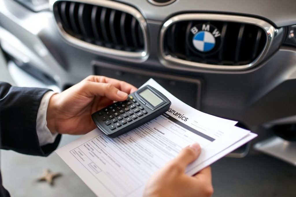 Person reviewing BMW bumper repair insurance claim documents Person reviewing BMW bumper repair insurance claim documents