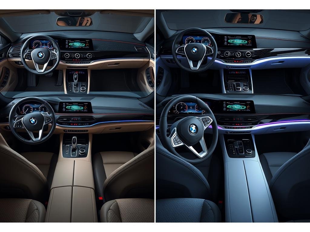 Side-by-side comparison of BMW and Mercedes interior design philosophy showing BMW vs Mercedes cabin differences Side-by-side comparison of BMW and Mercedes interior design philosophy showing BMW vs Mercedes cabin differences