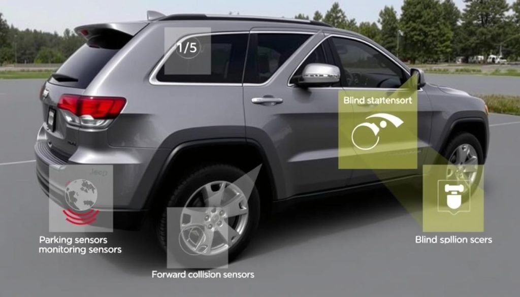 Jeep Grand Cherokee with various external sensors highlighted