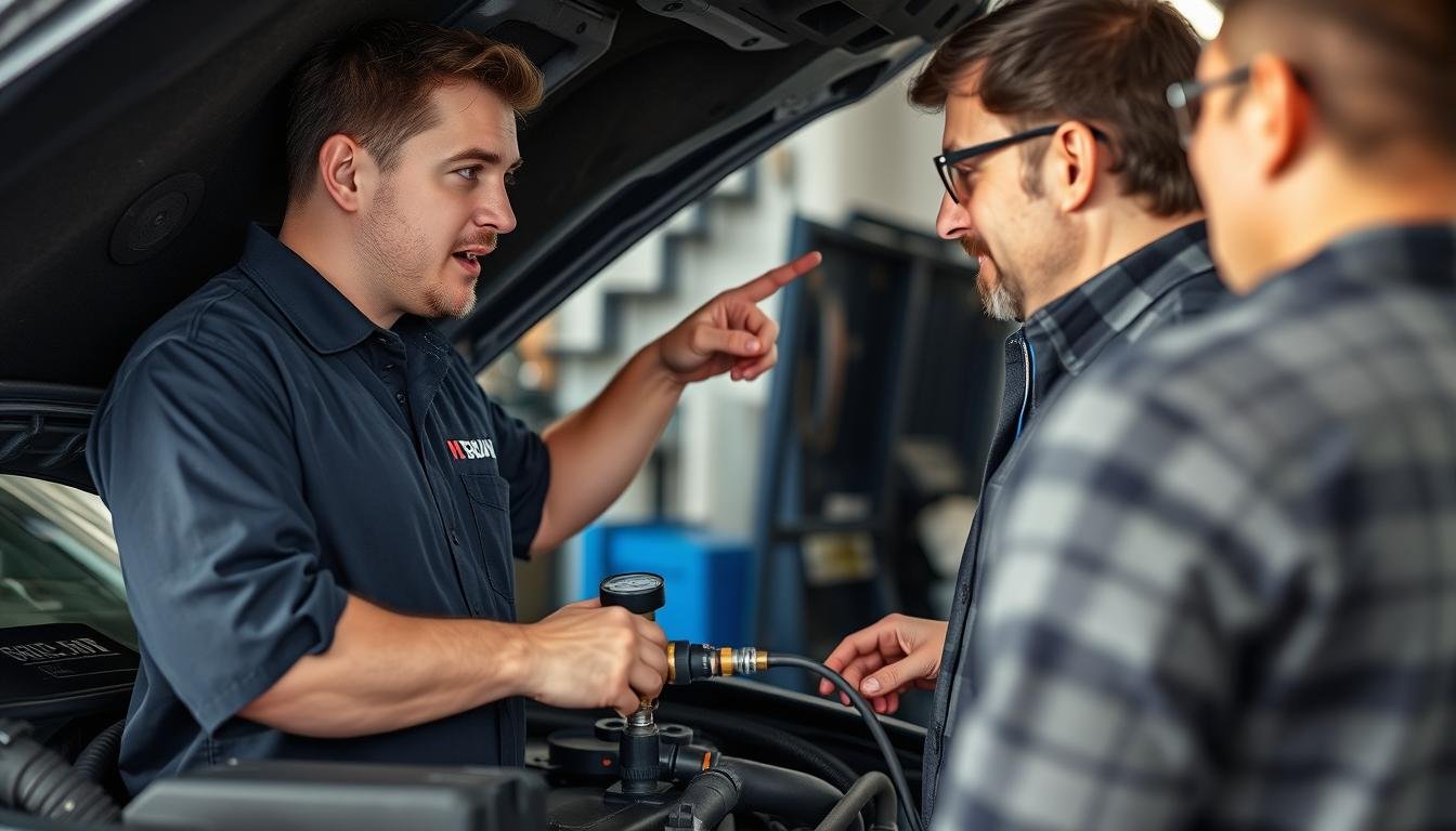 Mechanic explaining AC system to customer Mechanic explaining AC system to customer
