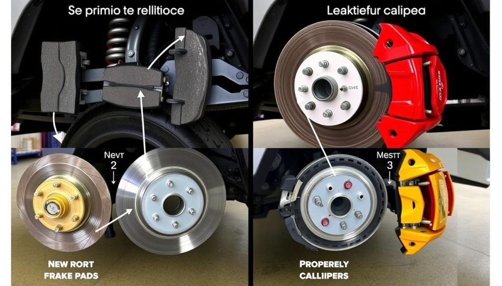 Visual guide showing signs of worn brake pads and rotors on a Jeep Wrangler
