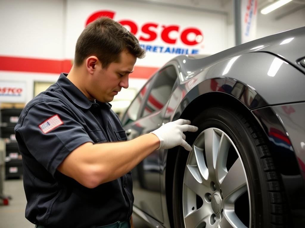 Costco tire technician installing tires on a vehicle Costco tire technician installing tires on a vehicle