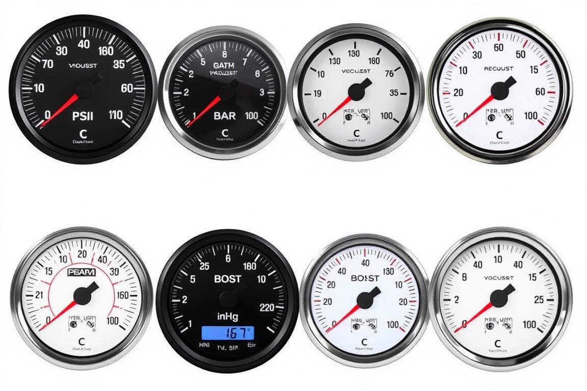 Different boost pressure measurement units shown on various gauge types