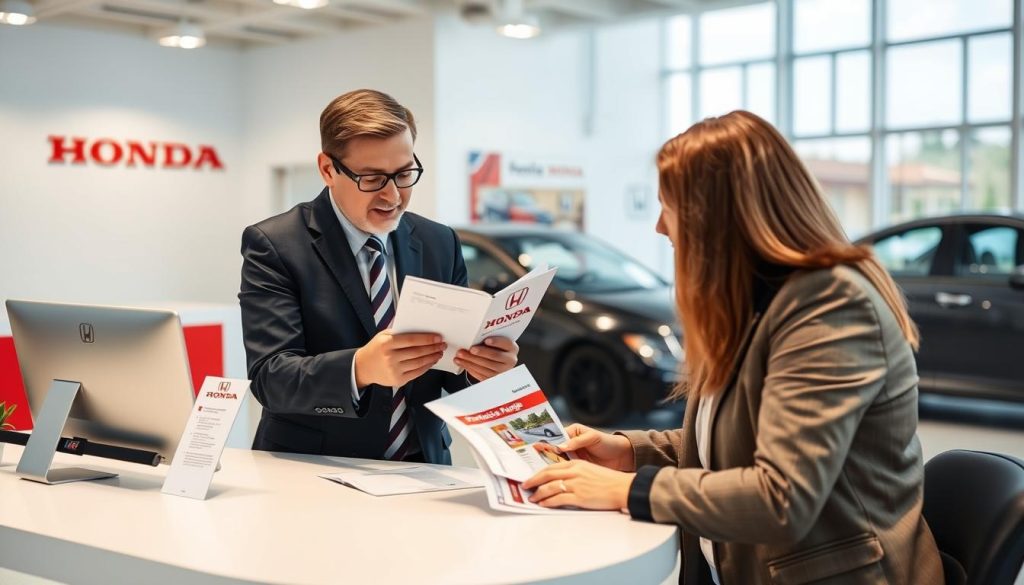 Honda customer service representative explaining protection package details to a customer Honda customer service representative explaining protection package details to a customer