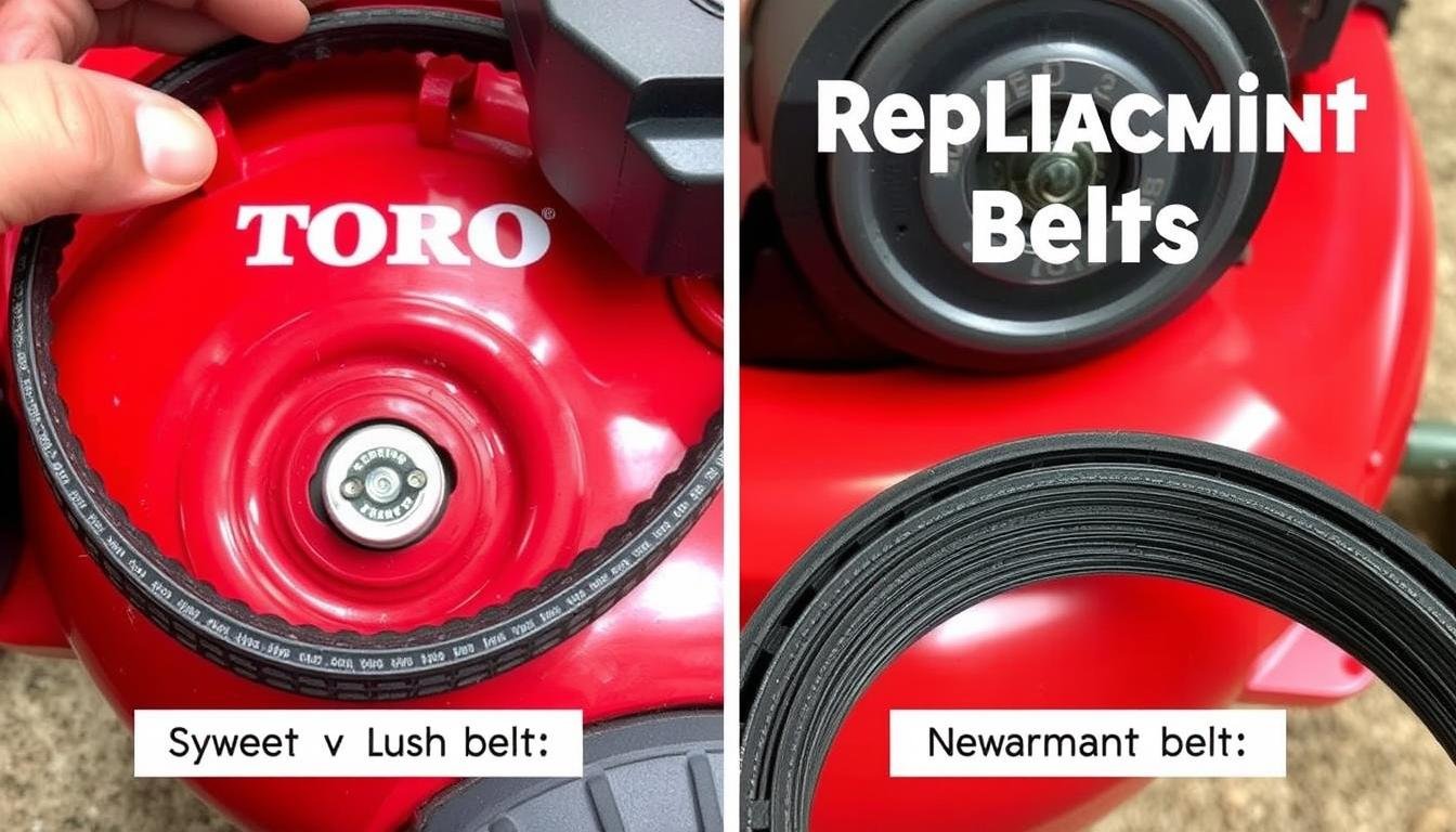 Toro lawn mower drive belt inspection showing wear patterns Toro lawn mower drive belt inspection showing wear patterns