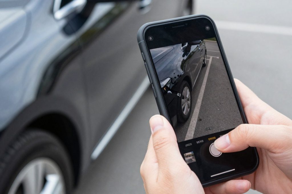 smartphone taking photo of car damage in parking lot