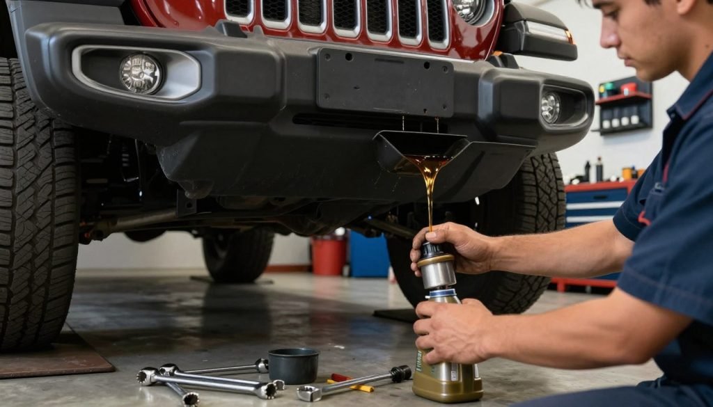 A close-up view of a mechanic performing an oil change on a Jeep Gladiator in a well-lit garage. In the foreground, a mechanic in professional attire is focused on replacing the oil filter, surrounded by essential tools like wrenches and oil containers. The middle ground features the Jeep Gladiator elevated on a hydraulic lift, showcasing its undercarriage with a glint of fresh oil being drained into a pan. In the background, wall-mounted tool racks and an organized workspace create a clean, efficient atmosphere. Soft, even lighting highlights the metallic surfaces and the rich, deep colors of the Jeep, conveying a professional yet accessible mood, emphasizing the importance of vehicle maintenance and care. A close-up view of a mechanic performing an oil change on a Jeep Gladiator in a well-lit garage. In the foreground, a mechanic in professional attire is focused on replacing the oil filter, surrounded by essential tools like wrenches and oil containers. The middle ground features the Jeep Gladiator elevated on a hydraulic lift, showcasing its undercarriage with a glint of fresh oil being drained into a pan. In the background, wall-mounted tool racks and an organized workspace create a clean, efficient atmosphere. Soft, even lighting highlights the metallic surfaces and the rich, deep colors of the Jeep, conveying a professional yet accessible mood, emphasizing the importance of vehicle maintenance and care.